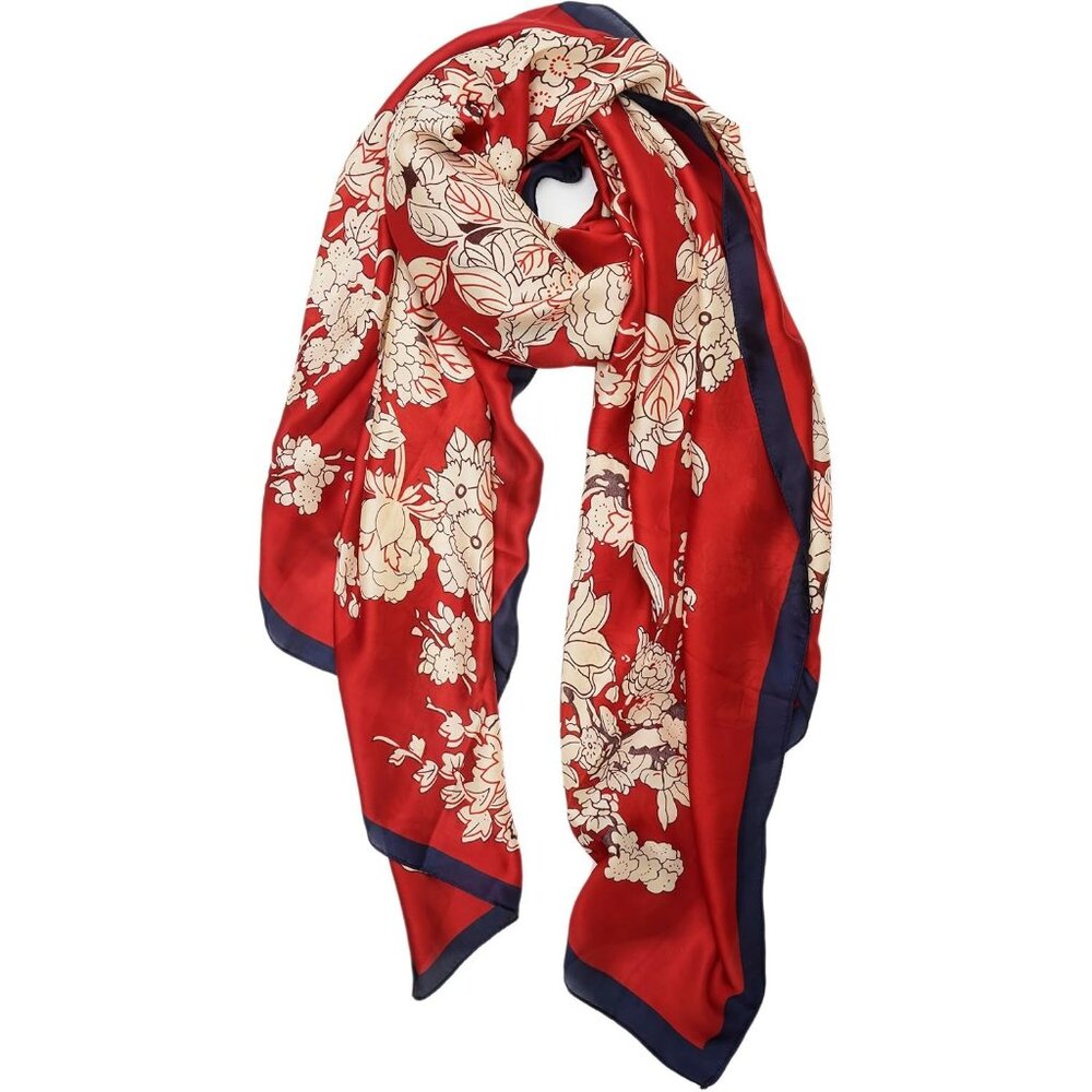 Women Red/Floral Print Long Stain Mulberry Silk Shawl Lightweight Sunscreen